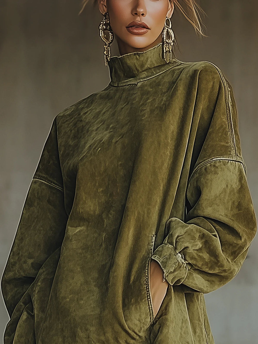 Nadine | Women's Knit Sweater Dress with Fringe Hem - Olive Green - Image 2