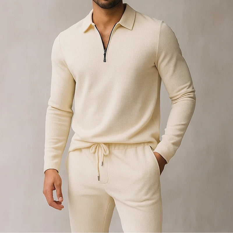 Nael | Men's Quarter Zip Polo Tracksuit Set - Cream - Image 1