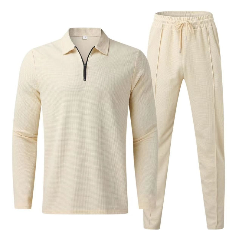 Nael | Men's Quarter Zip Polo Tracksuit Set - Cream - Image 2