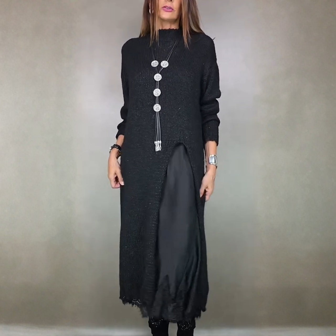 Nevara | Women's Long Knit Sweater Dress Layered Midi - Black - Image 1