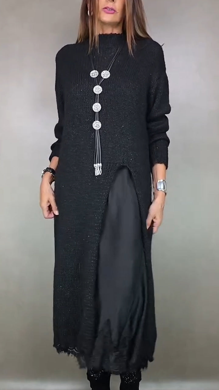 Nevara | Women's Long Knit Sweater Dress Layered Midi - Black - Image 2