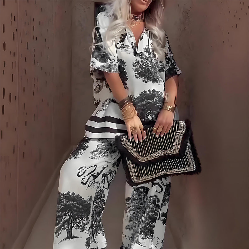 Nicolina | Women's Floral Print V-Neck Top & Wide Leg Pants Set - Image 2