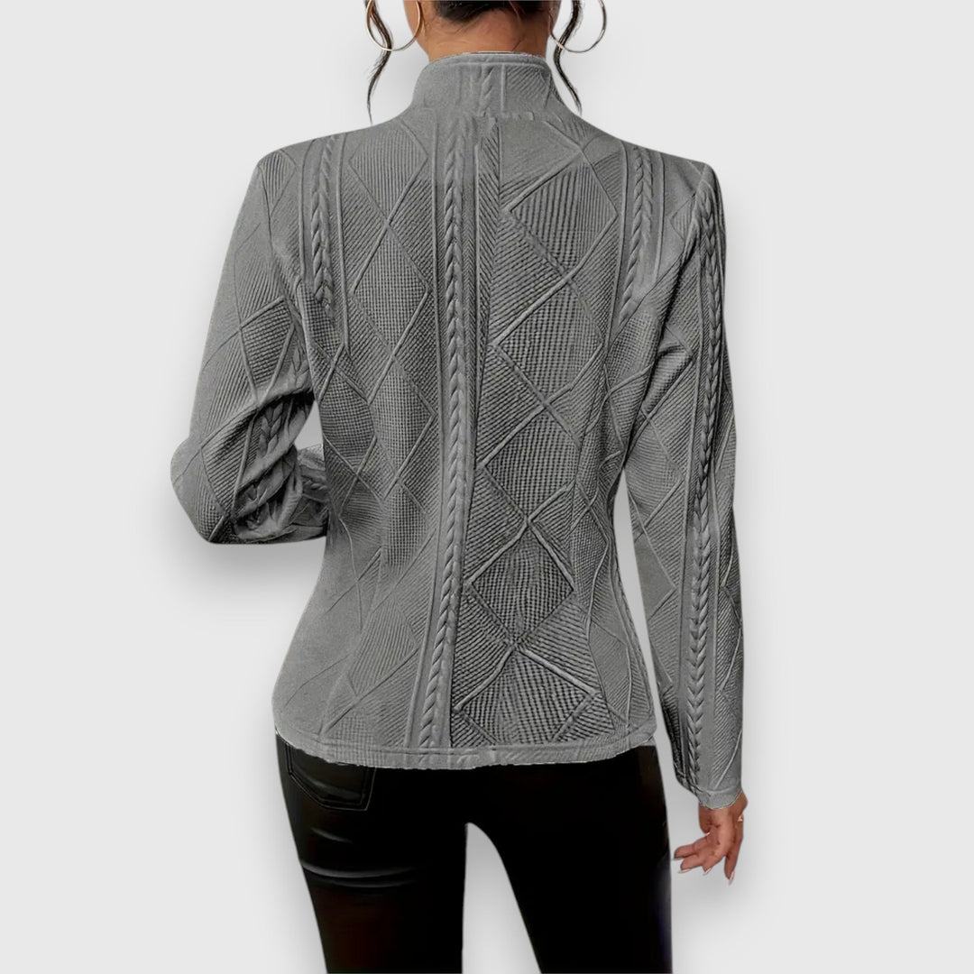 Nolwenn | Women's Mock Neck Long Sleeve Fitted Top - Grey - Image 1