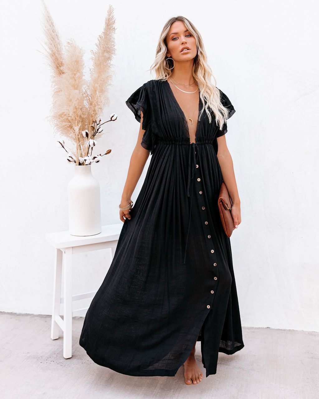 Octavia | Women's V-Neck Button Front Maxi Dress - Image 1