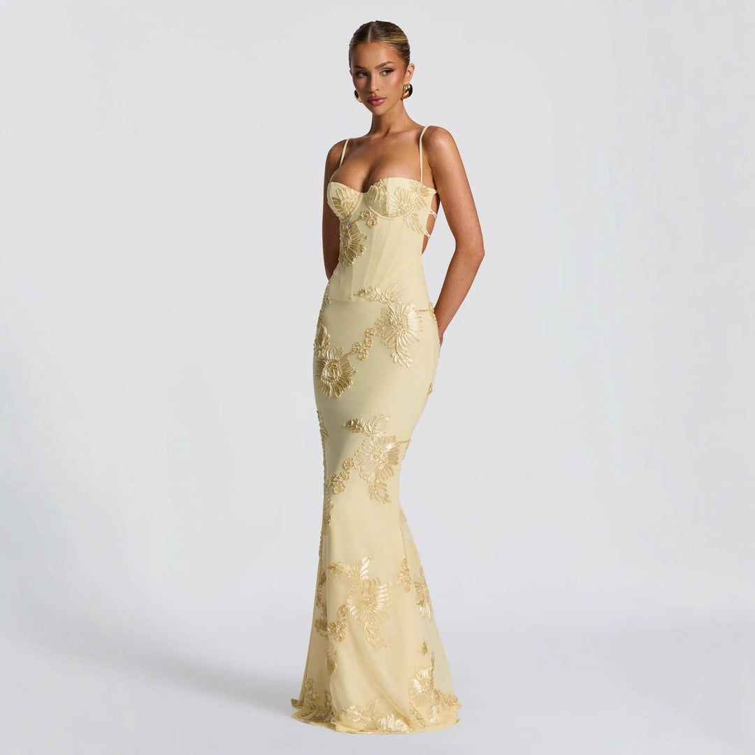 Odalys | Women's Floral Appliqué Spaghetti Strap Maxi Dress - Cream - Image 1