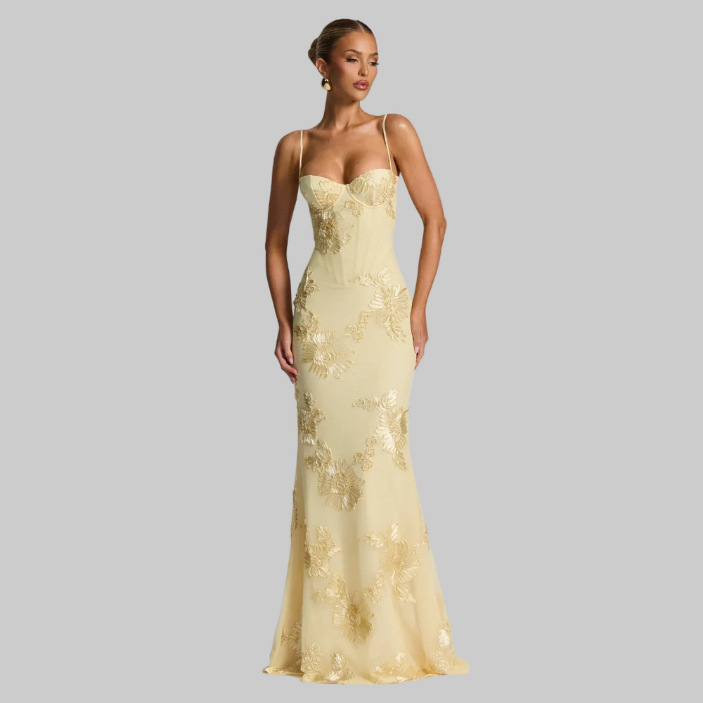 Odalys | Women's Floral Appliqué Spaghetti Strap Maxi Dress - Cream - Image 2