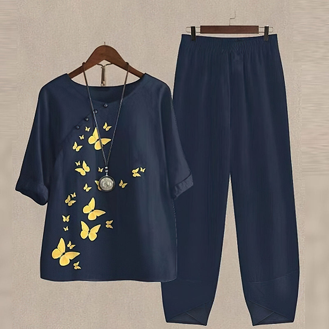 Odessa | Women's Butterfly Print Short Sleeve Two-Piece Set - Navy - Image 1