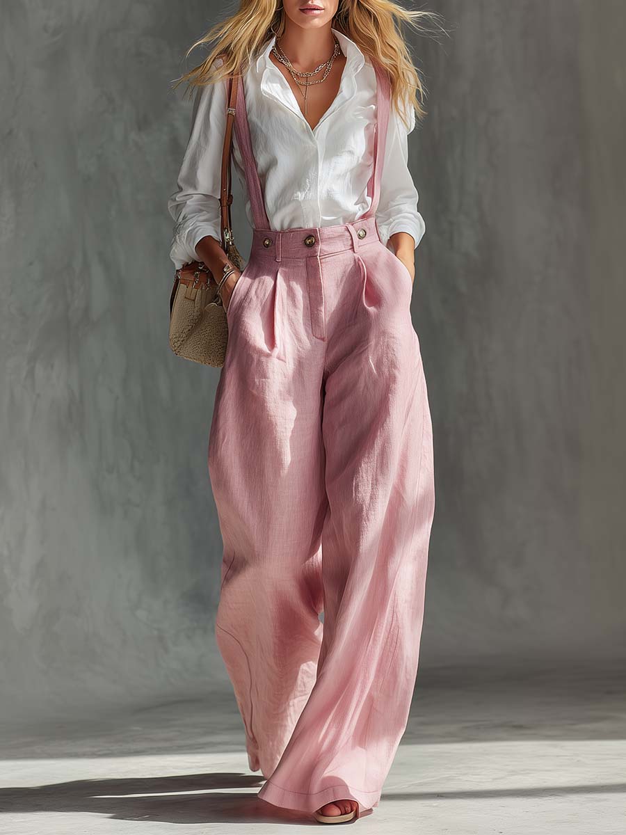Odette | Women's High Waist Suspender Wide Leg Pants - Light Pink - Image 1