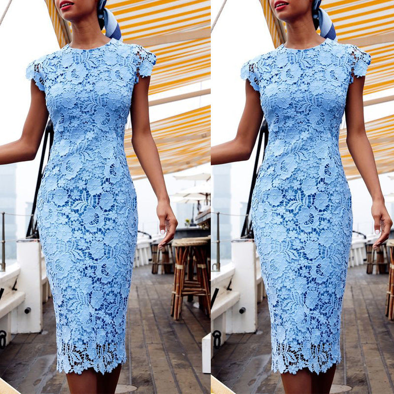 Odile | Women's Lace Bodycon Midi Dress - Light Blue - Image 1
