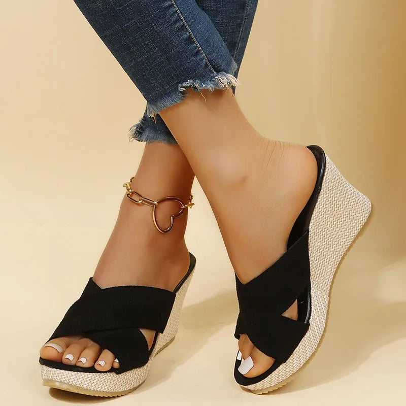 Ophira | Women's Black Crossover Wedge Sandals - Image 1