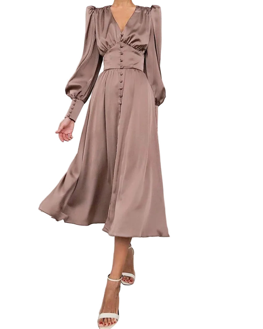 Orléane | Women's V-Neck Long Sleeve Button Midi Dress - Image 1