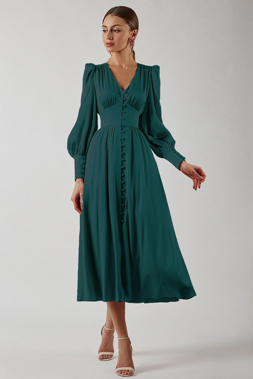 Orléane | Women's V-Neck Long Sleeve Button Midi Dress - Image 2