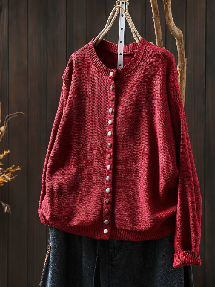 Orvaine | Women's Relaxed Fit Knit Cardigan Colourful Buttons - Cream - Image 2
