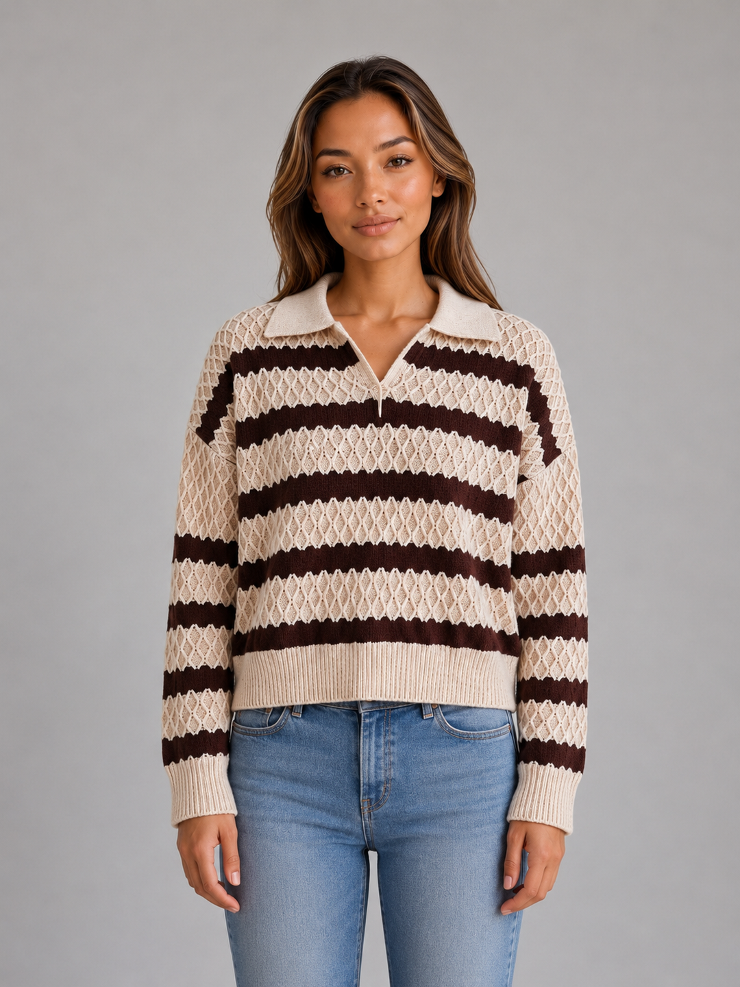 Orvaine | Women's Striped Polo Neck Knit Jumper - Cream - Image 1