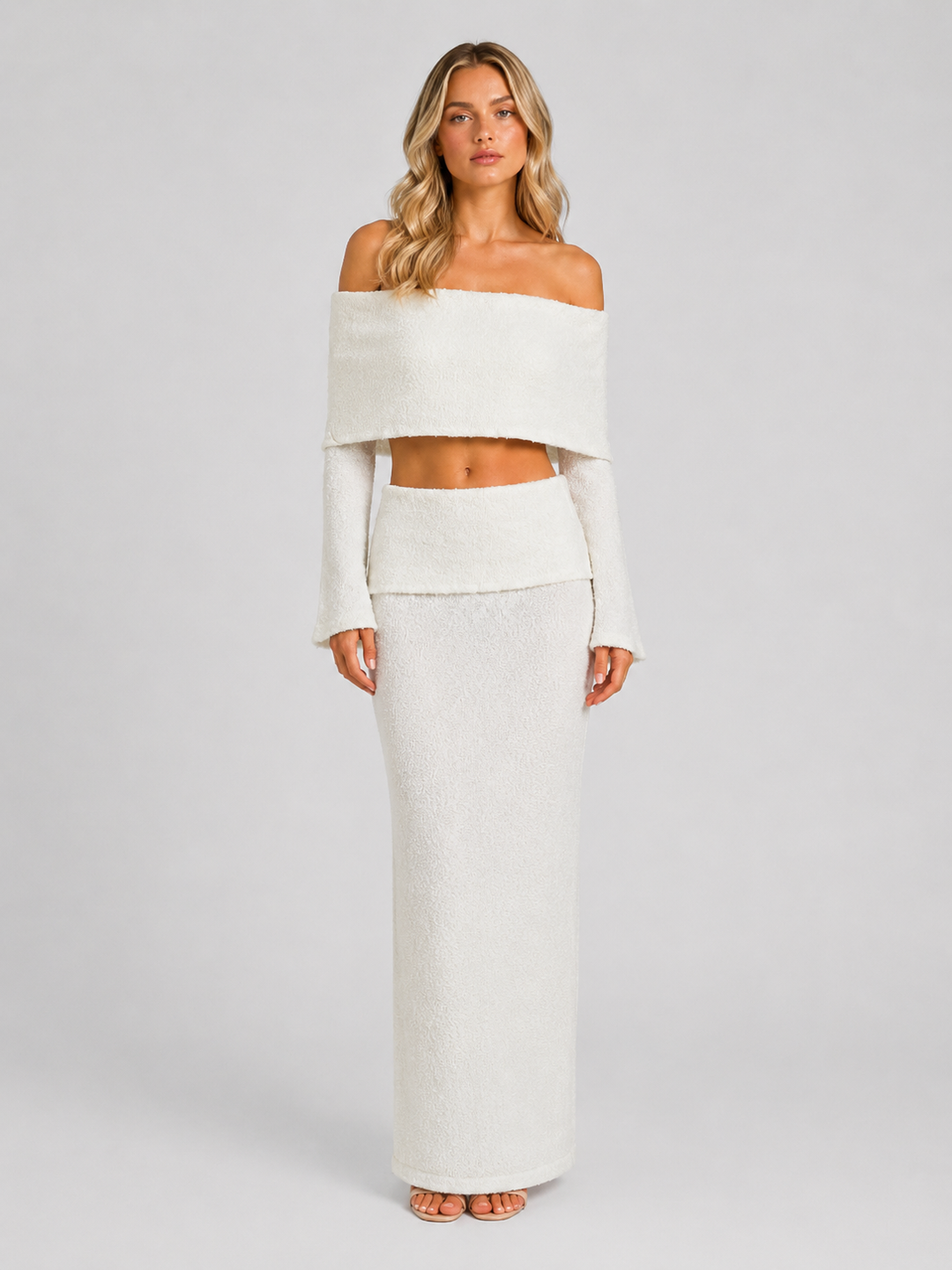 Orvelle | Women's Knit Lounge Set Off-Shoulder Crop & Maxi - Cream - Image 1