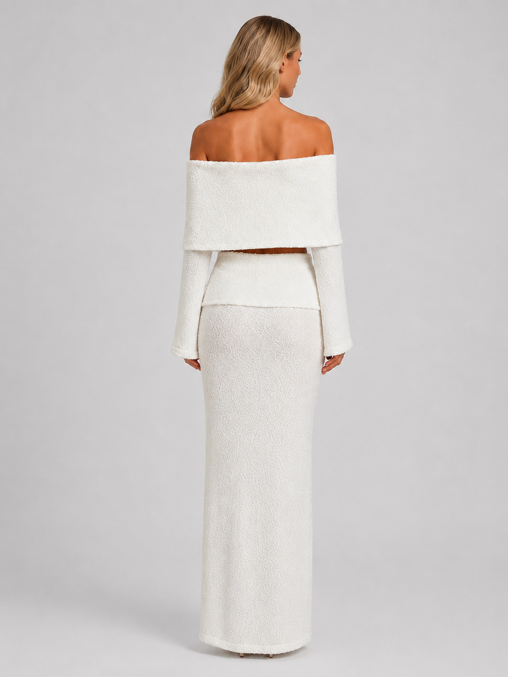Orvelle | Women's Knit Lounge Set Off-Shoulder Crop & Maxi - Cream - Image 2