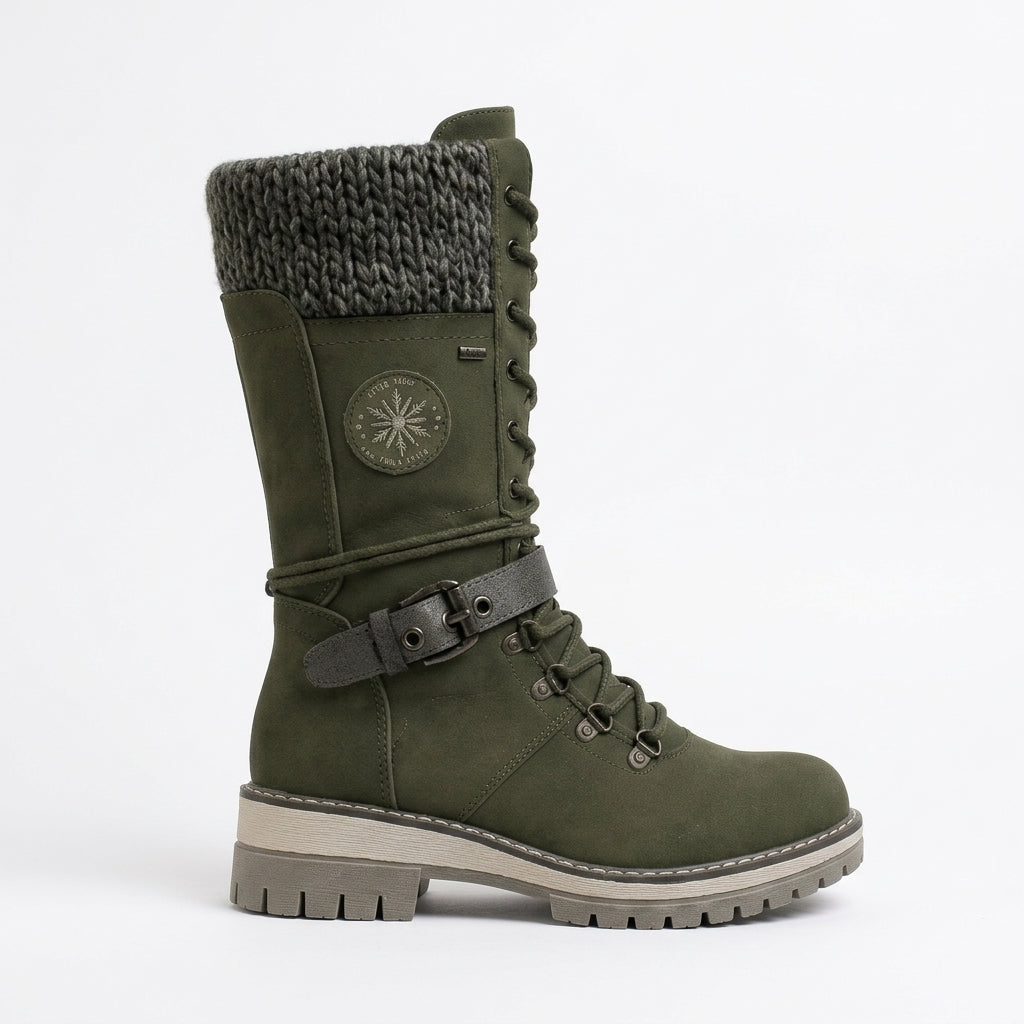 Orvindra | Women's Winter Boots Lace-Up Knit Cuff - Olive Green - Image 1
