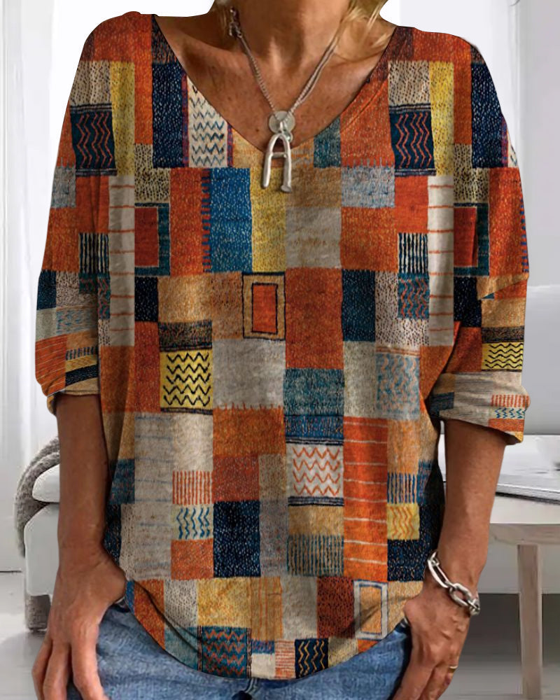 Ottoline | Women's V-Neck Patchwork 3/4 Sleeve Top - Image 2
