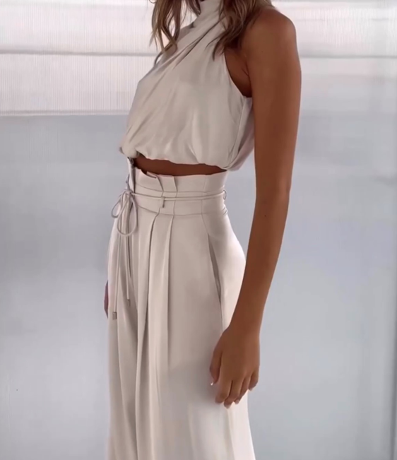 Pavia | Women's Halter Neck Wide Leg Pants Two-Piece Set - Cream - Image 1