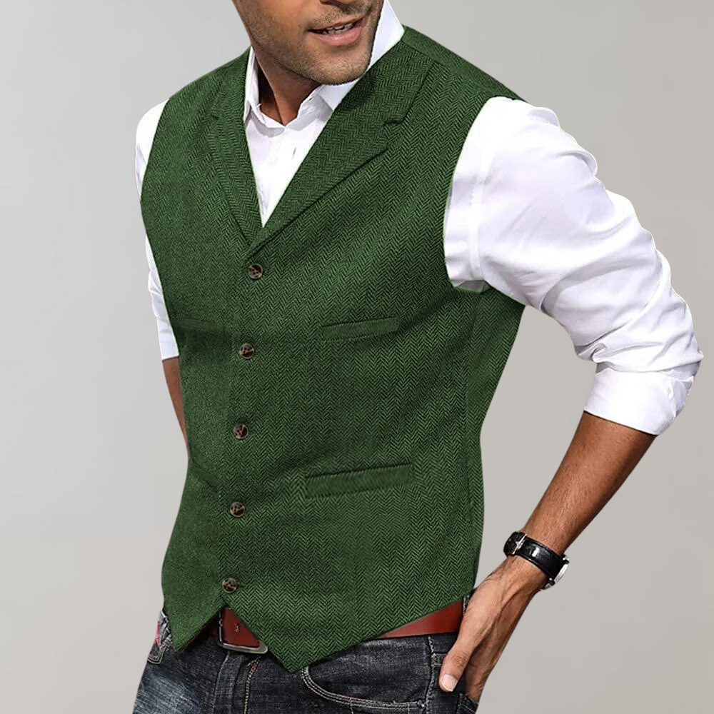 Percival | Men's Herringbone Notch Lapel Suit Vest - Green - Image 1