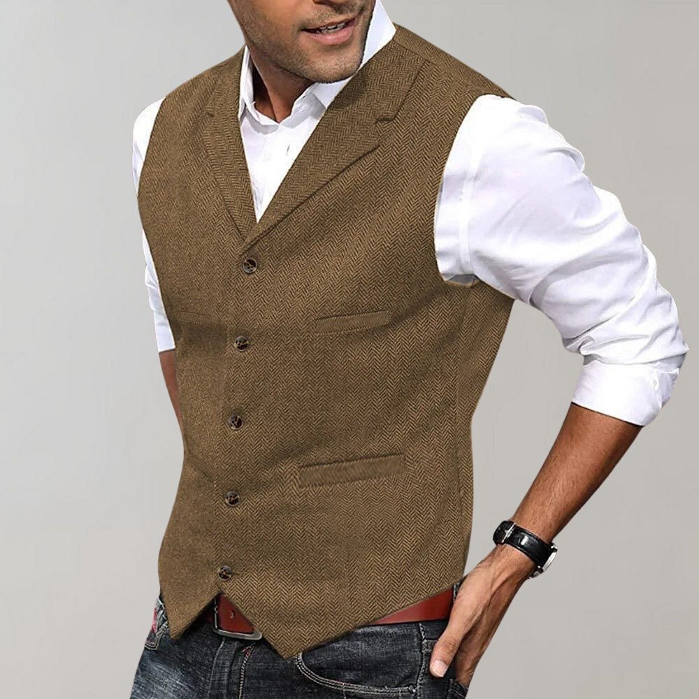 Percival | Men's Herringbone Notch Lapel Suit Vest - Green - Image 2