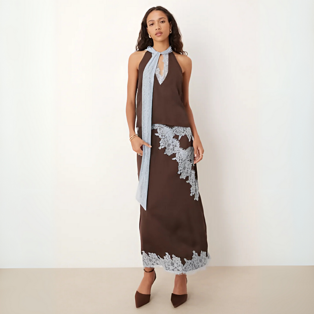 Persephone | Women's Halter Neck Lace Trim Maxi Set - Brown - Image 1