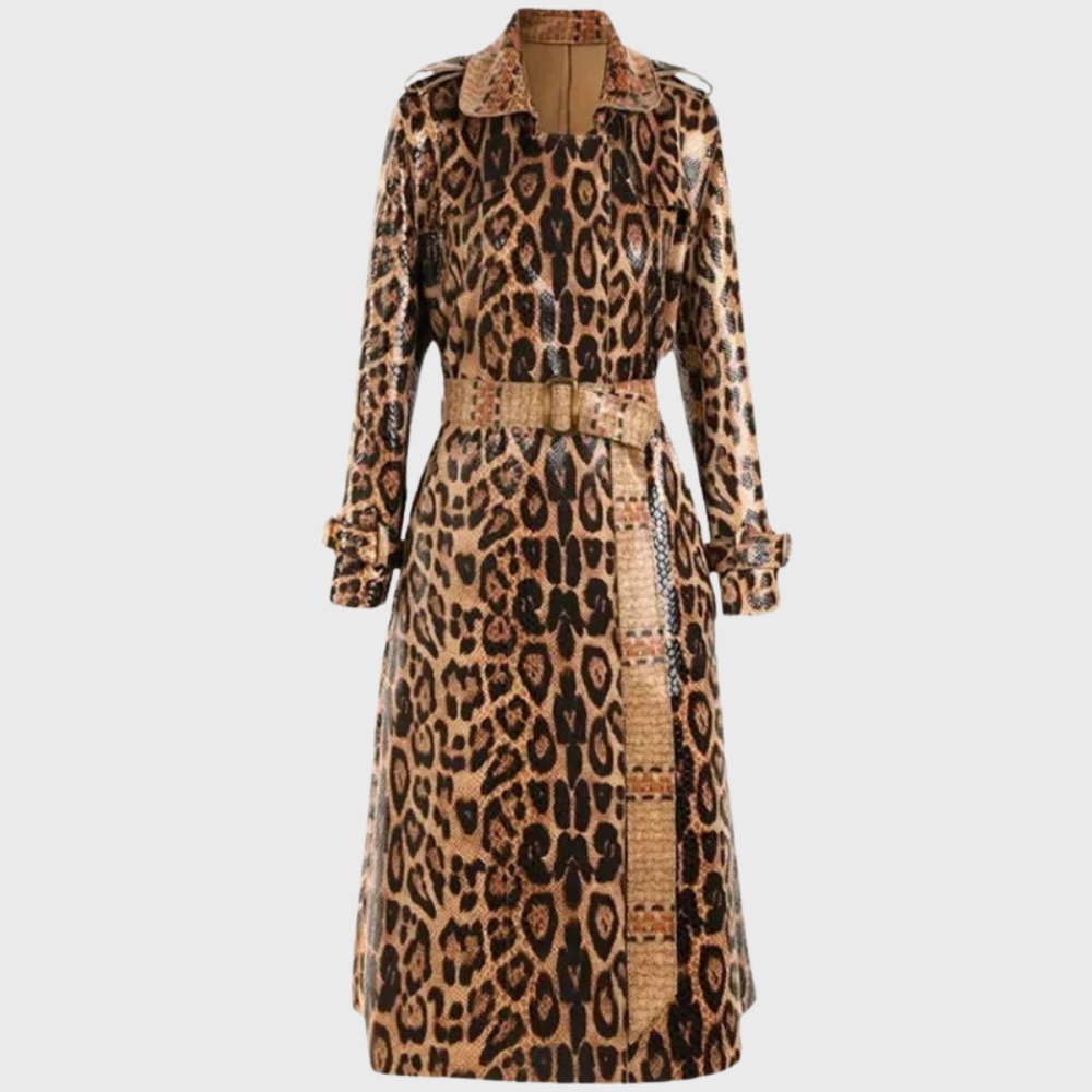 Persephone | Women's Leopard Print Long Belted Trench Coat - Brown - Image 1