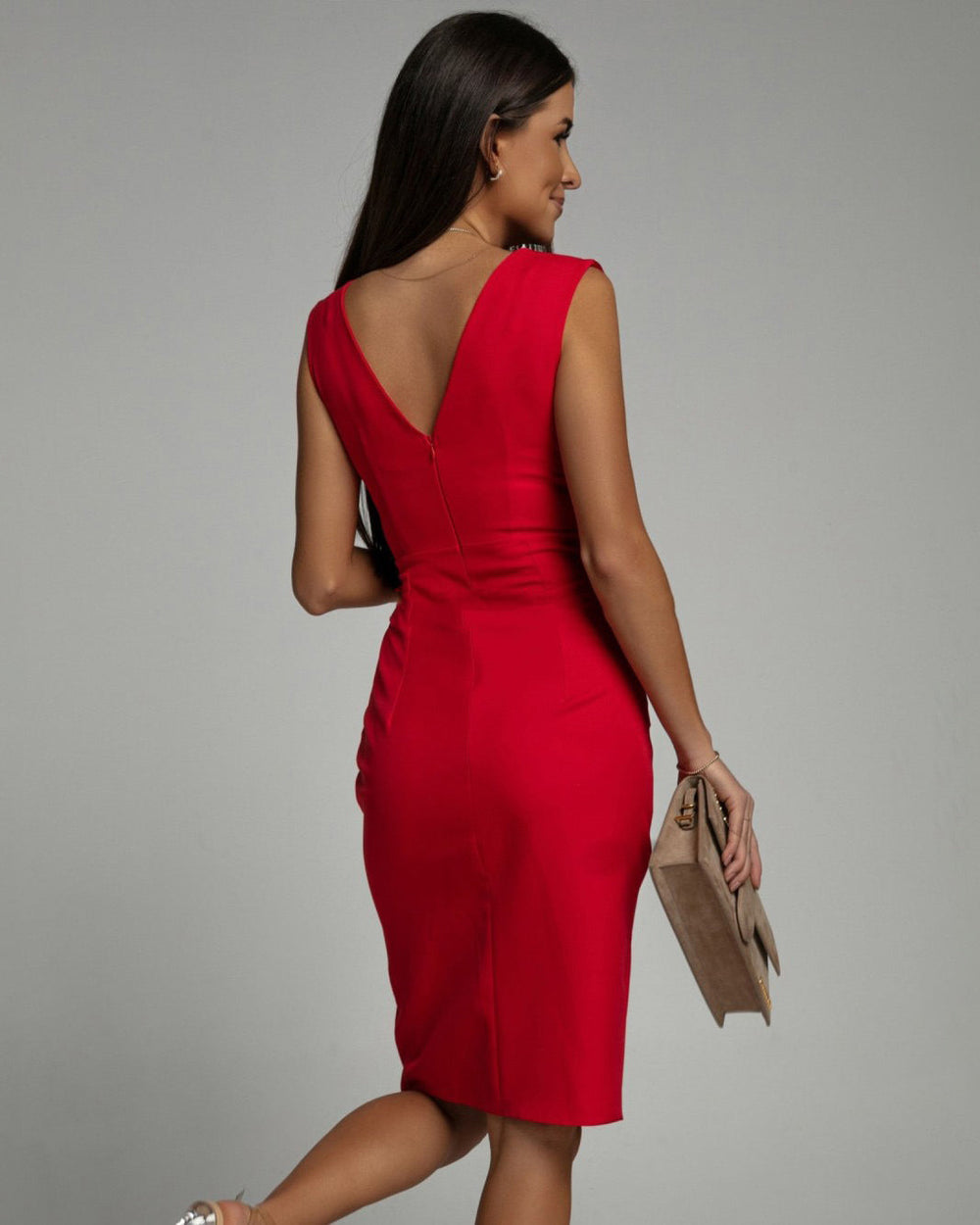 Persephone | Women's V-Neck Fitted Dress - Red - Image 2