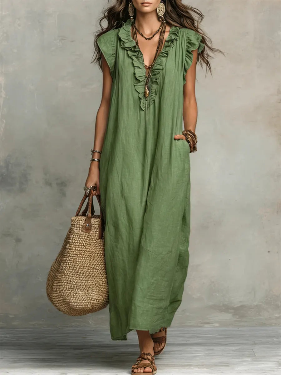 Petra | Women's Ruffle V-Neck Sleeveless Maxi Dress - Green - Image 1