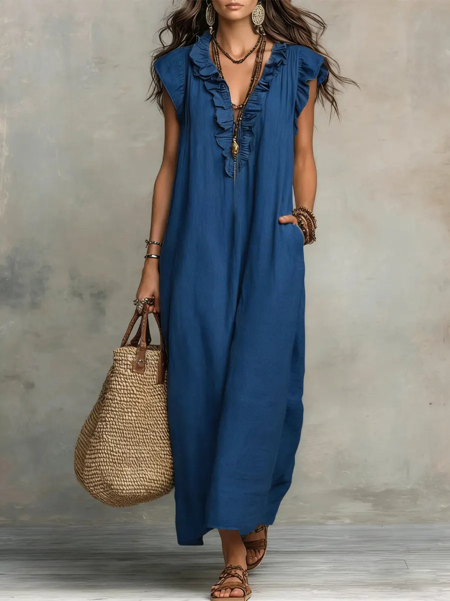 Petra | Women's Ruffle V-Neck Sleeveless Maxi Dress - Green - Image 2