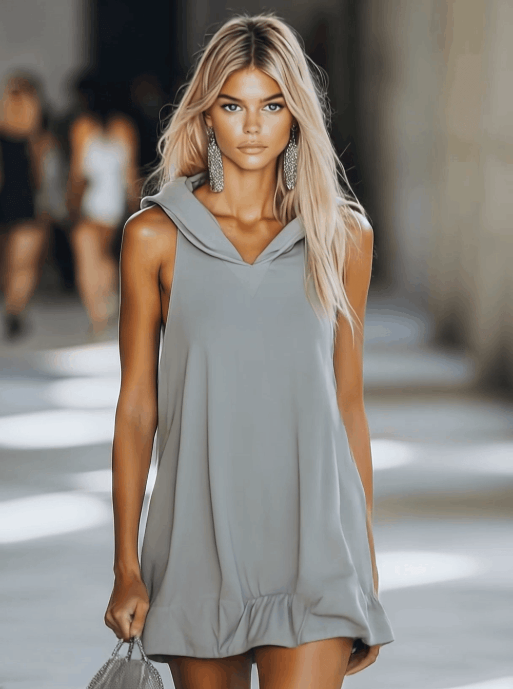 Petra | Women's Sleeveless Hooded Mini Dress - Light Grey - Image 2