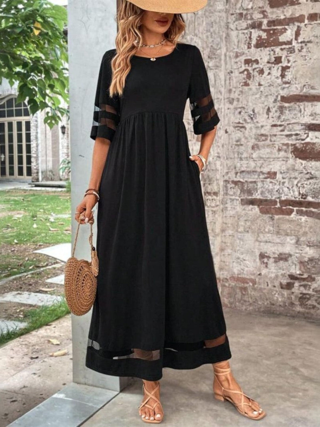 Portia | Women's Black Mesh Detail Maxi Dress - Image 1