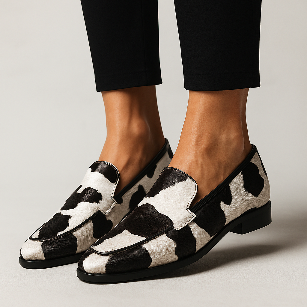 Portia | Women's Cow Print Slip On Loafers - Image 1