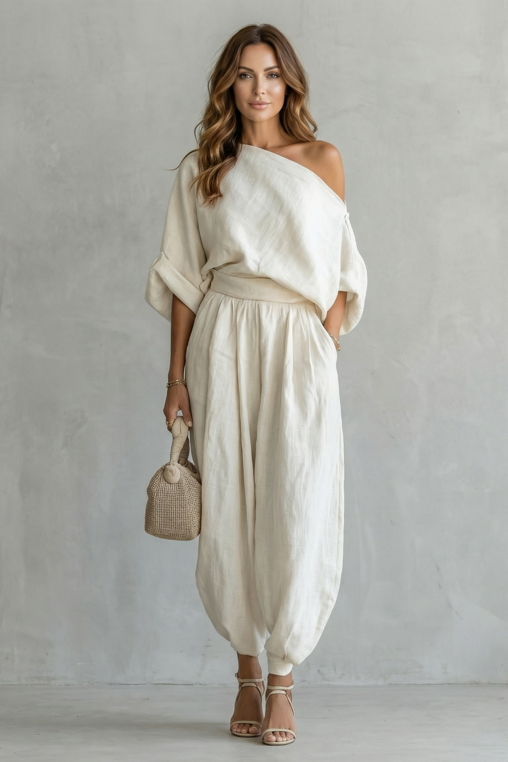 Quenara | Women's Off-Shoulder Two-Piece Lounge Set - Cream - Image 2