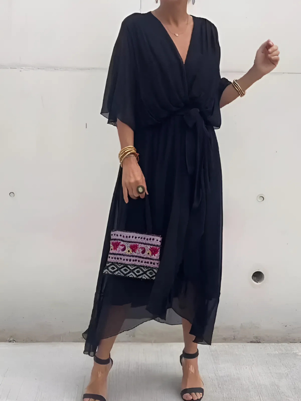 Quinara | Women's Flutter Sleeve Wrap Midi Dress - Black - Image 1
