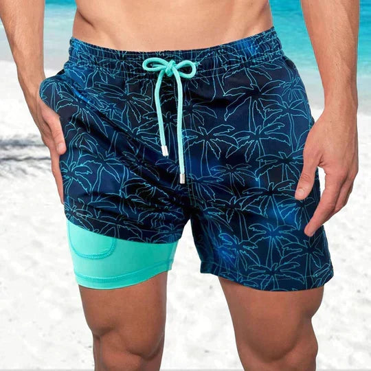 Quinton | Men's Tropical Print Lined Swim Shorts - Navy - Image 1