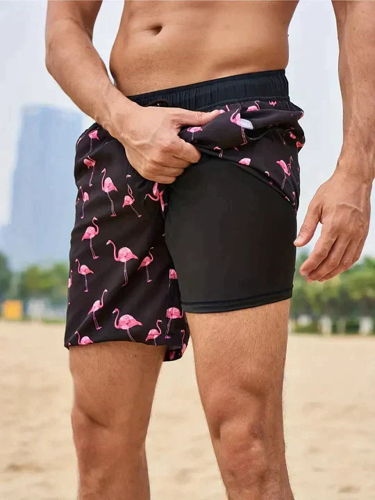 Quinton | Men's Tropical Print Lined Swim Shorts - Navy - Image 2