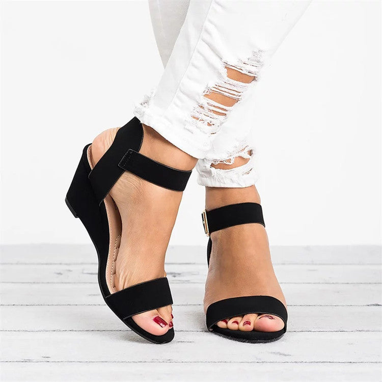 Romaine | Women's Open Toe Wedge Ankle Strap Sandals - Black - Image 1