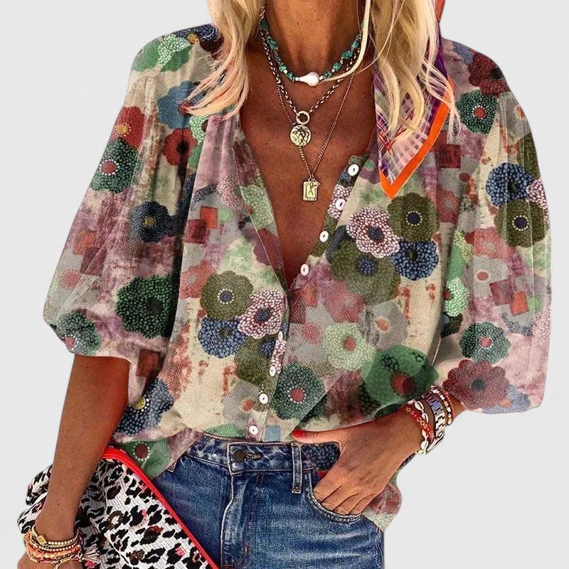 Romilly | Women's Floral Print V-Neck Button Down Blouse - Floral - Image 1