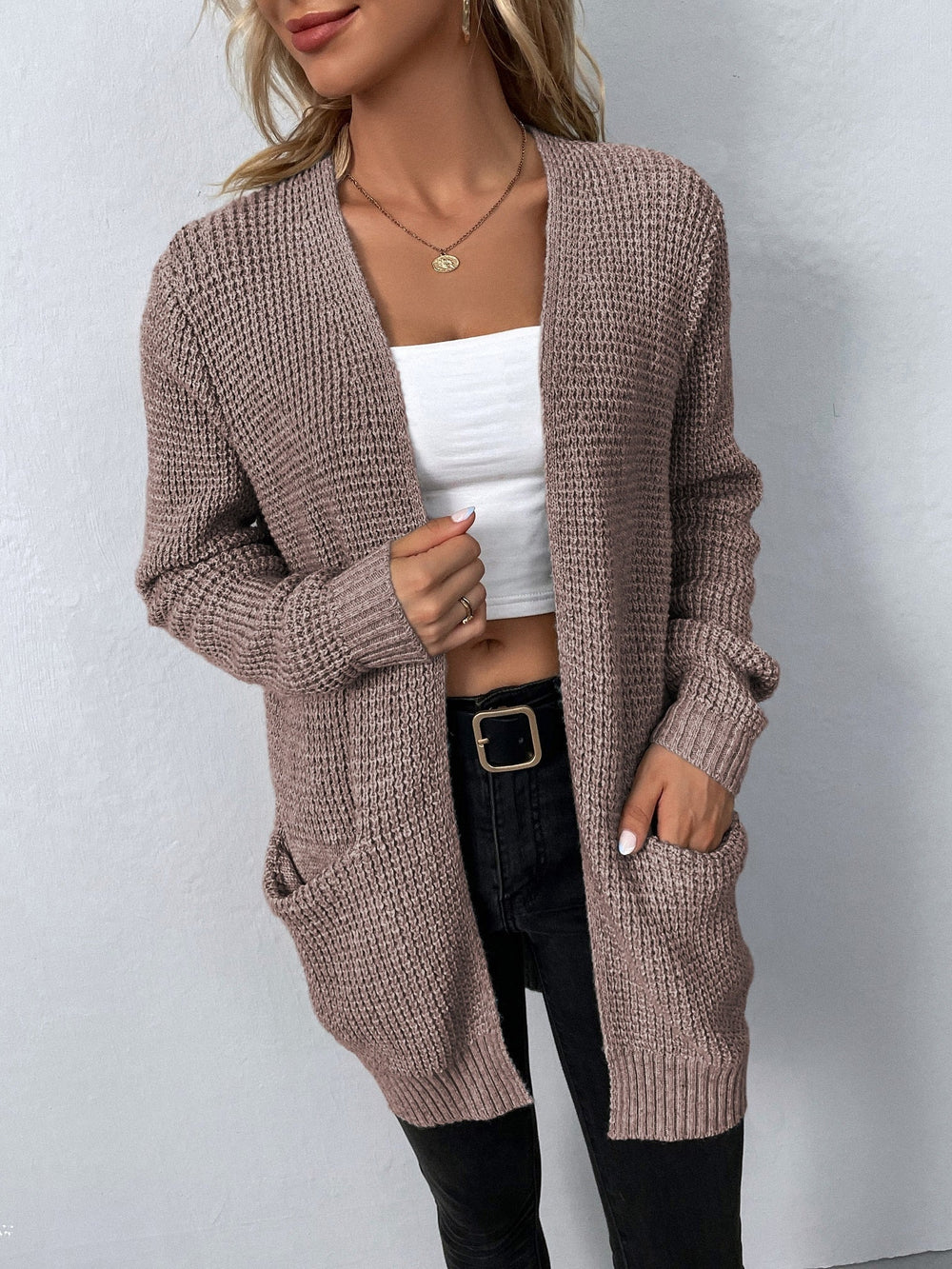 Romilly | Women's Open Front Knit Cardigan - Light Grey - Image 2