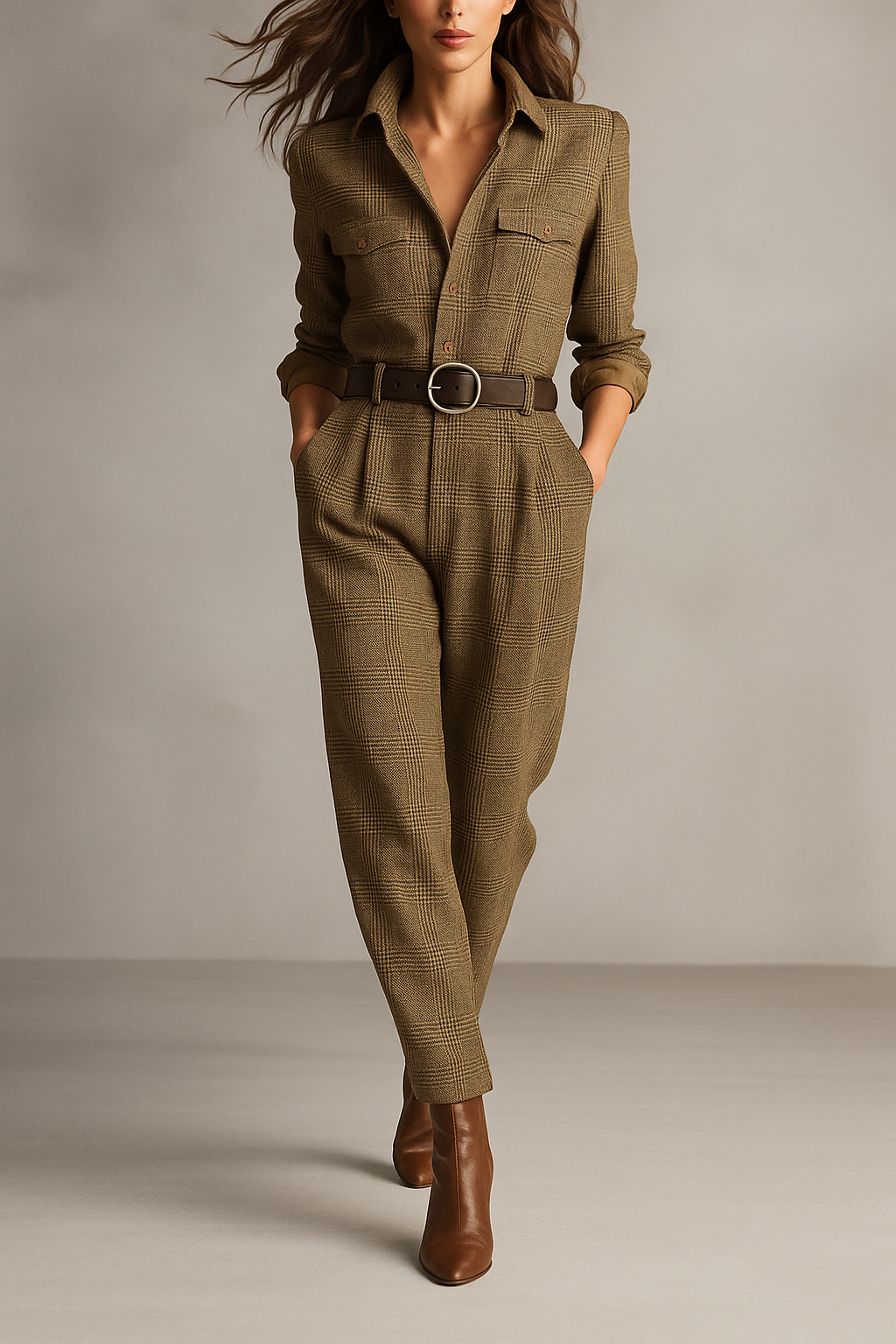 Rosalinda | Women's Plaid Long Sleeve Jumpsuit - Brown - Image 1