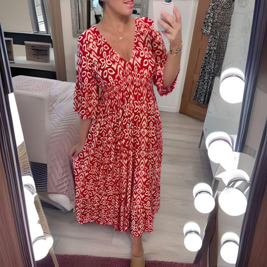 Rosalinda | Women's V-Neck Red Printed Maxi Dress - Image 1