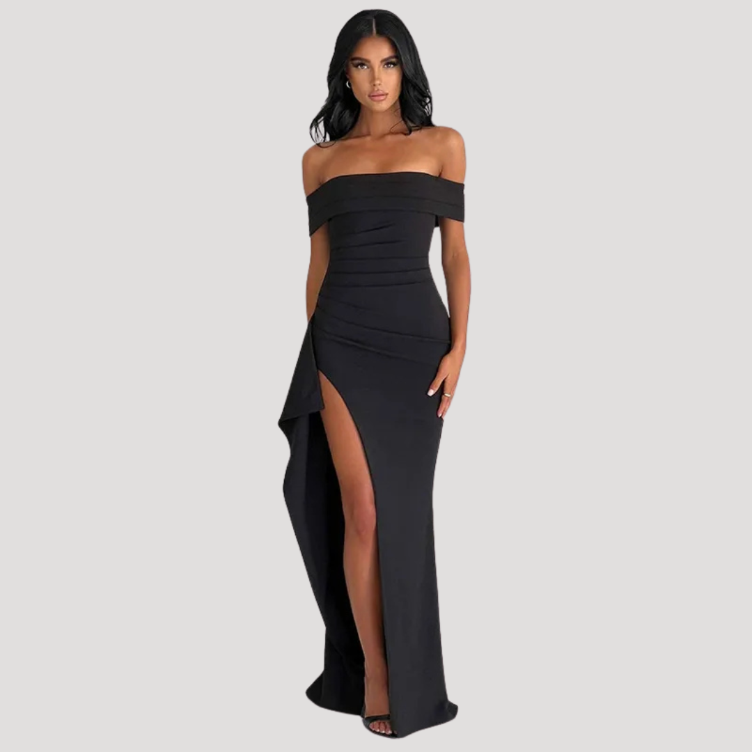 Rosamund | Women's Off Shoulder Ruched Maxi Evening Dress - Black - Image 1