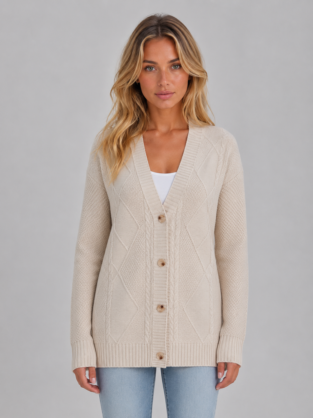Rosamunde | Women's Cable Knit Cardigan V-Neck - Beige - Image 1