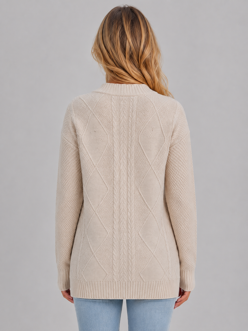 Rosamunde | Women's Cable Knit Cardigan V-Neck - Beige - Image 2