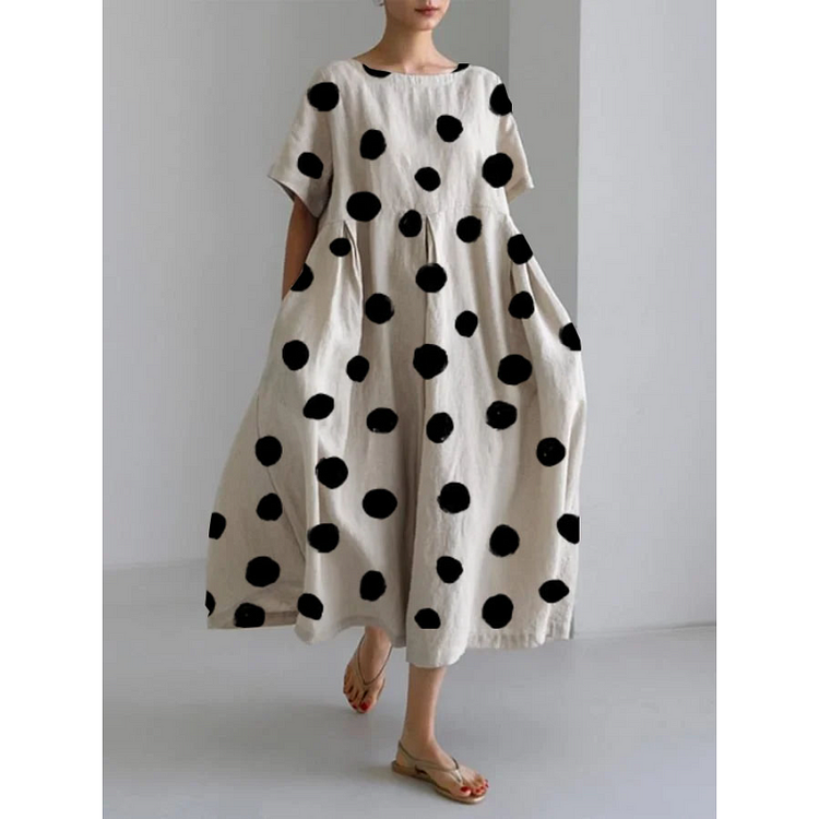 Rosanne | Women's Polka Dot Short Sleeve Midi Dress - Beige - Image 1
