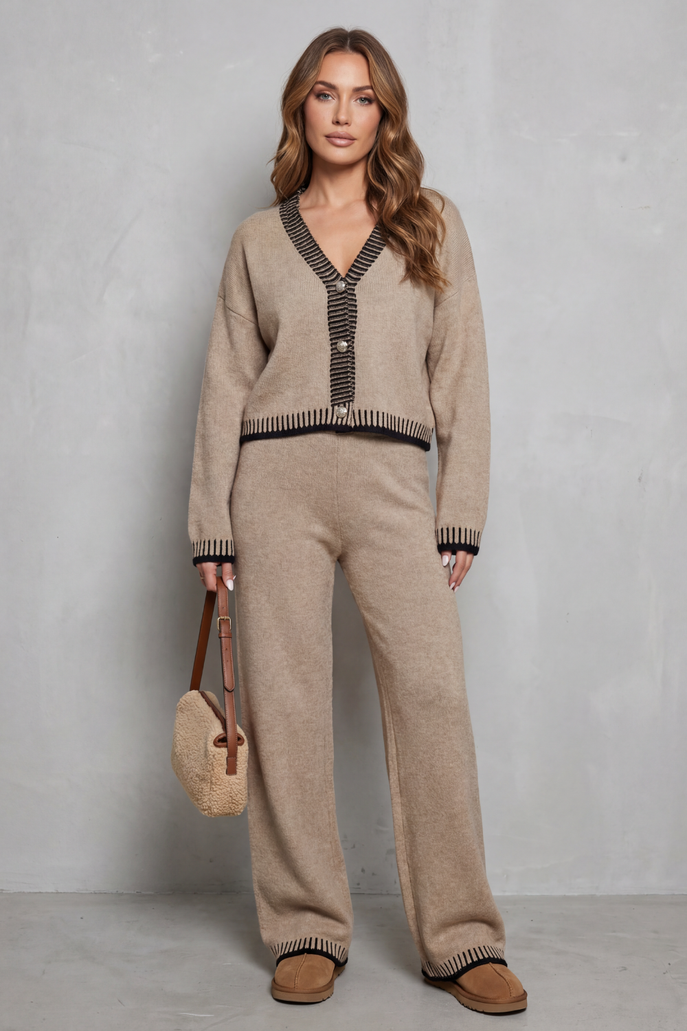Rosawen | Women's Knit Loungewear Set - Camel - Image 2