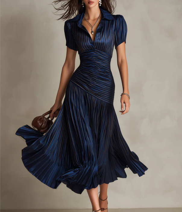 Rosawen | Women's Satin Ruched Midi Party Dress - Navy - Image 1