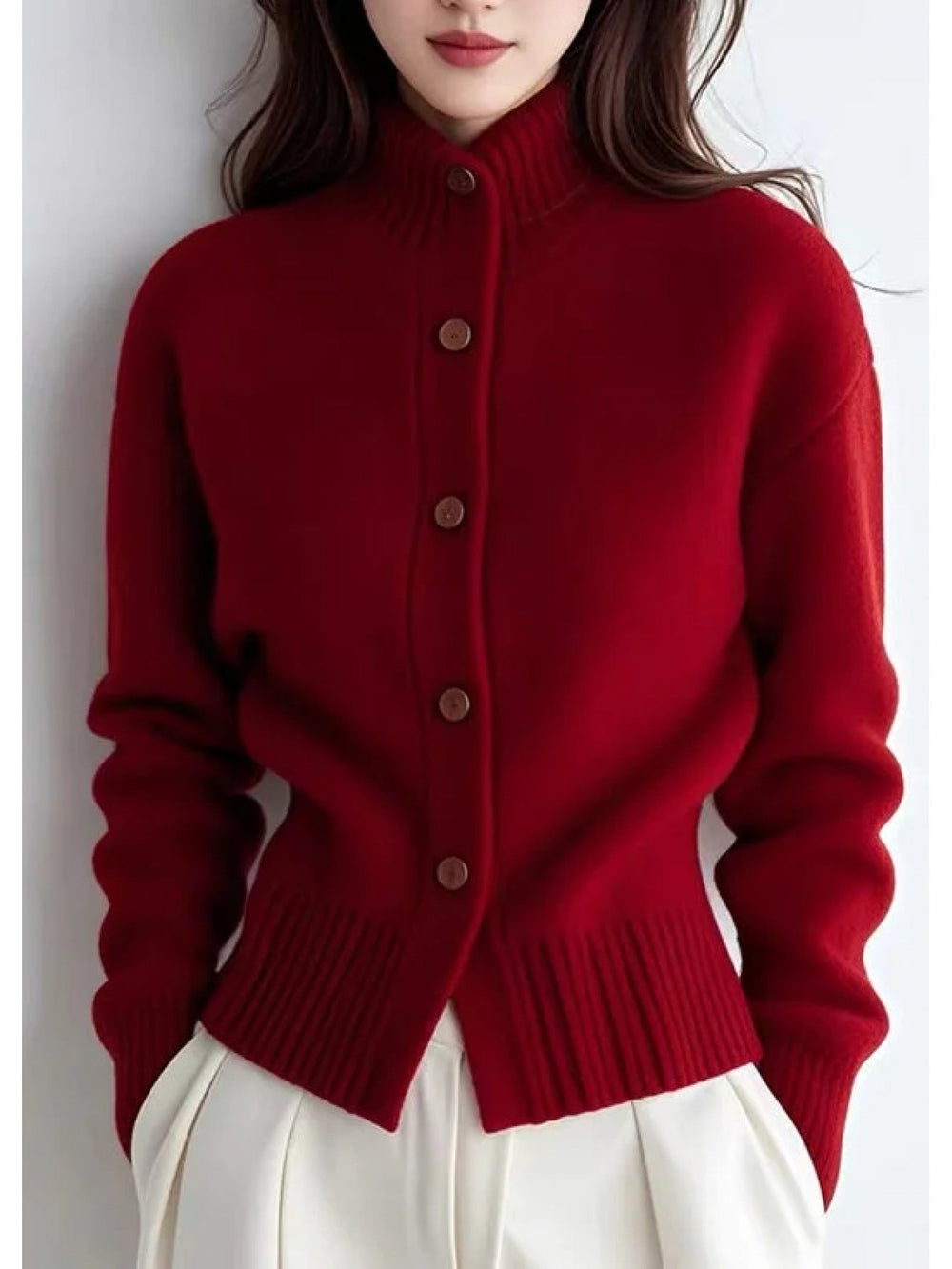 Roswyn | Women's High-Neck Button Cardigan - Red - Image 2
