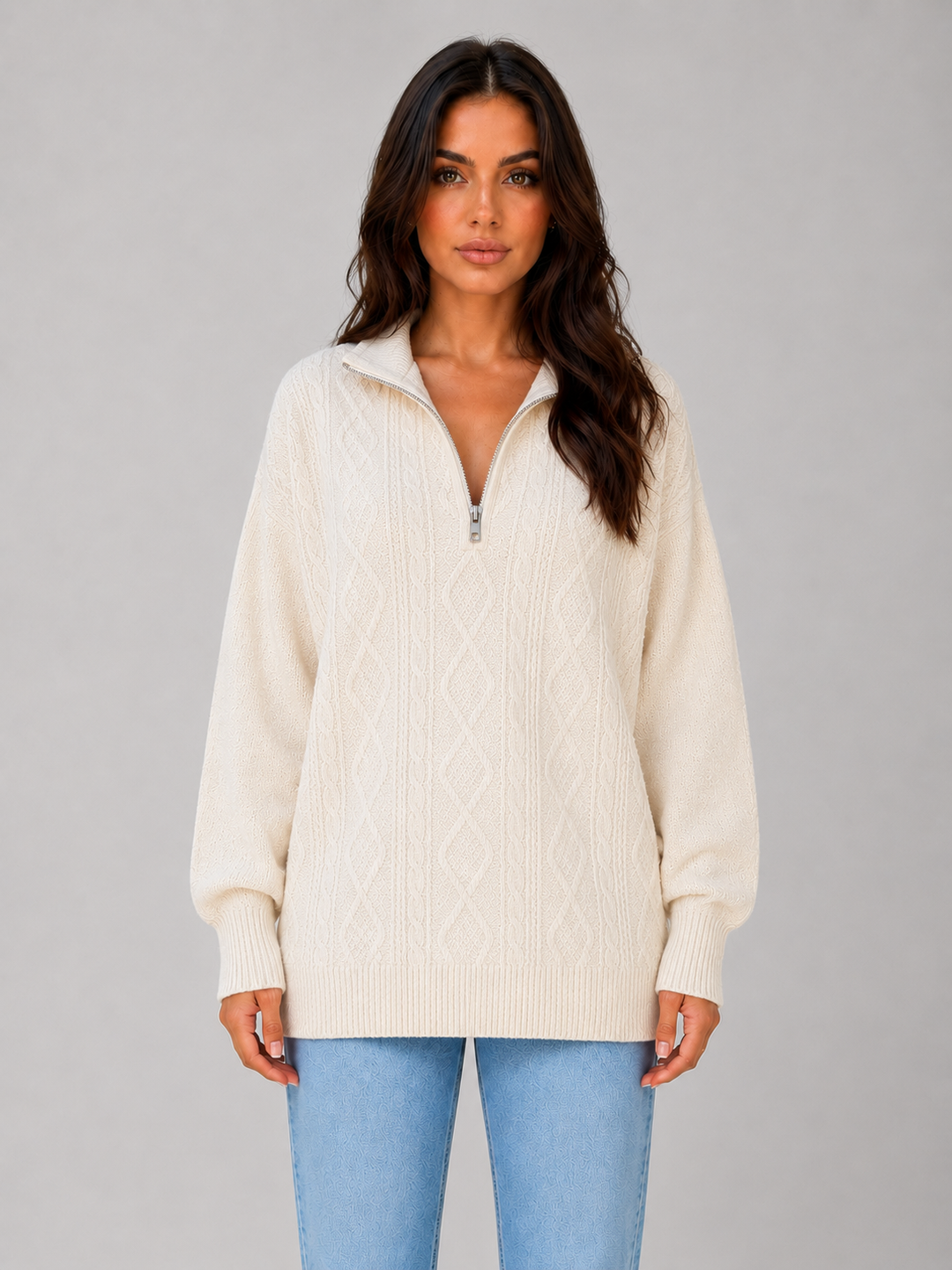 Rowena | Women's Half Zip Cable Knit Jumper - Cream - Image 1